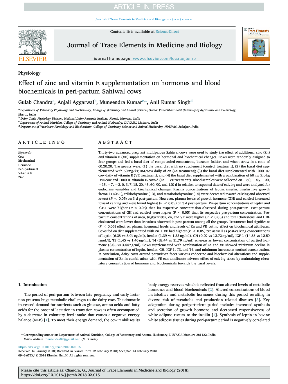 Effect of zinc and vitamin E supplementation on hormones and blood biochemicals in peri-partum Sahiwal cows