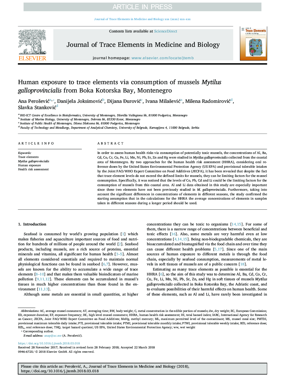 Human exposure to trace elements via consumption of mussels Mytilus galloprovincialis from Boka Kotorska Bay, Montenegro