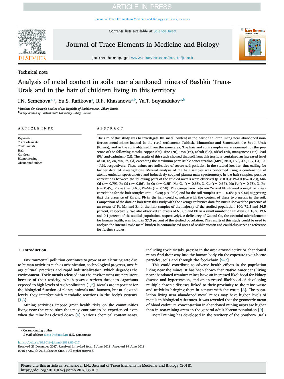 Analysis of metal content in soils near abandoned mines of Bashkir Trans-Urals and in the hair of children living in this territory