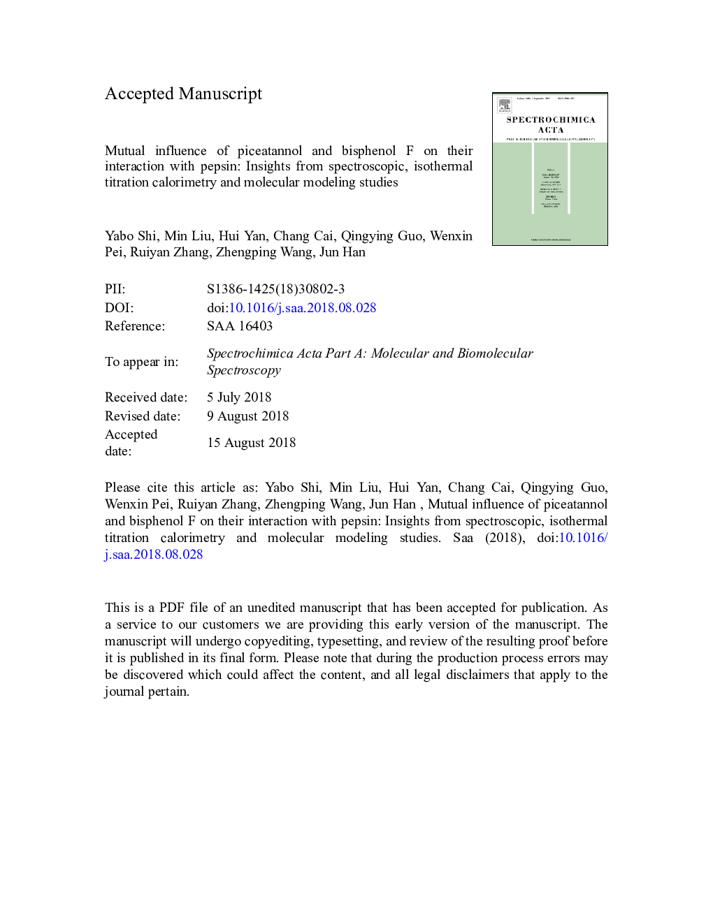عکس صفحه اول مقاله: Mutual influence of piceatannol and bisphenol F on their interaction with pepsin: Insights from spectroscopic, isothermal titration calorimetry and molecular modeling studies Mutual influence of piceatannol and bisphenol F on their interaction with pepsin: Insights from spectroscopic, isothermal titration calorimetry and molecular modeling studies