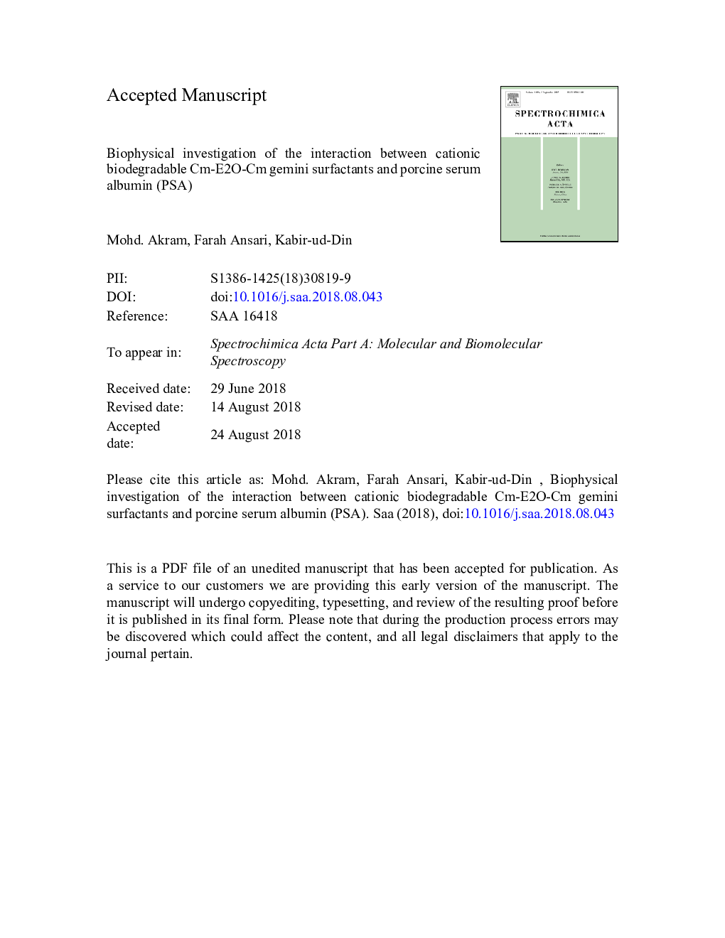 Biophysical investigation of the interaction between cationic biodegradable Cm-E2O-Cm gemini surfactants and porcine serum albumin (PSA)