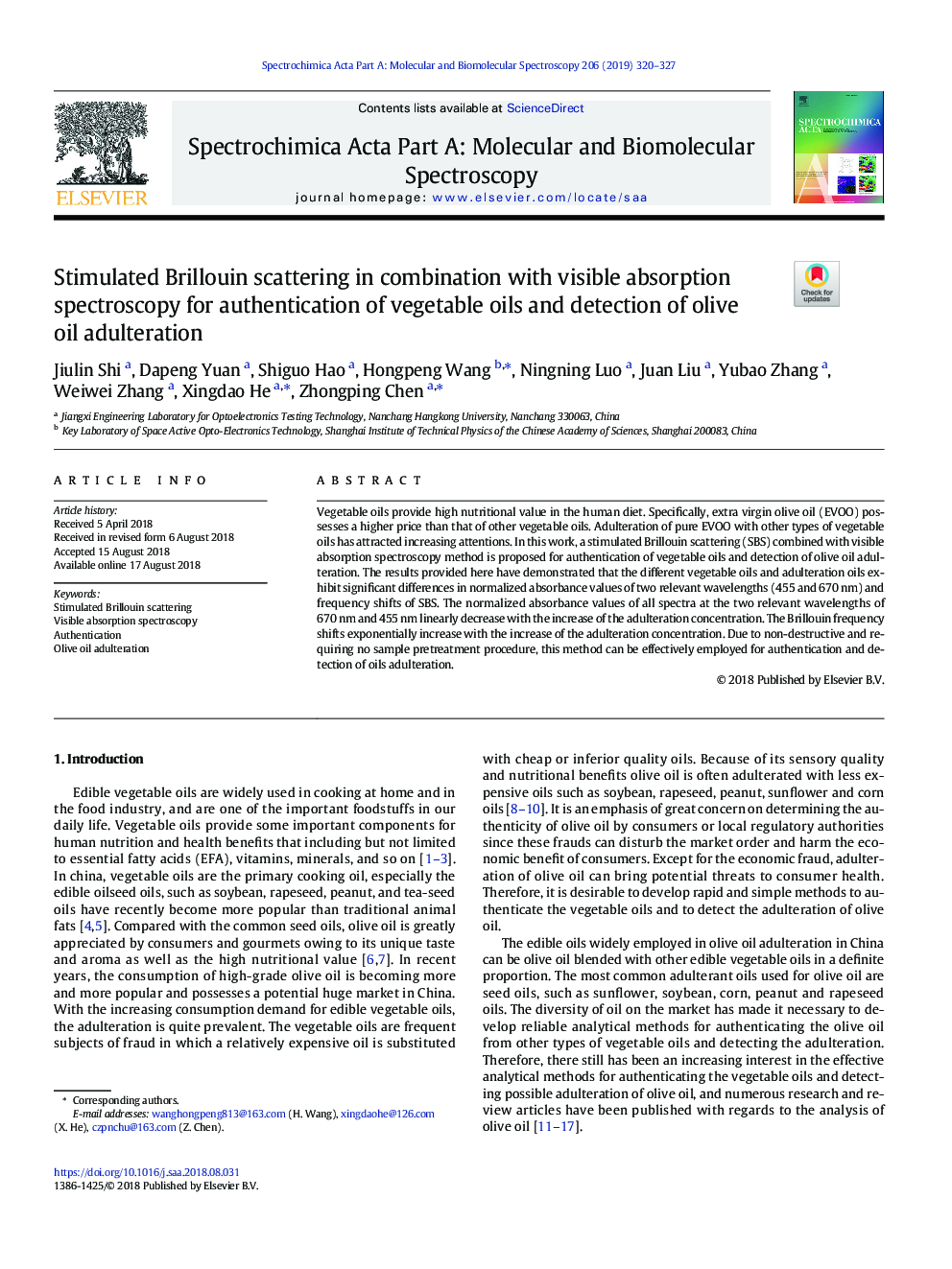 Stimulated Brillouin scattering in combination with visible absorption spectroscopy for authentication of vegetable oils and detection of olive oil adulteration