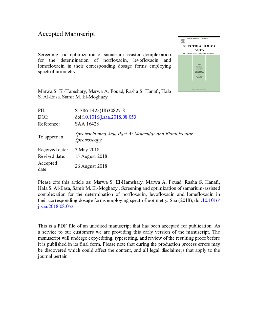 Screening and optimization of samarium-assisted complexation for the determination of norfloxacin, levofloxacin and lomefloxacin in their corresponding dosage forms employing spectrofluorimetry