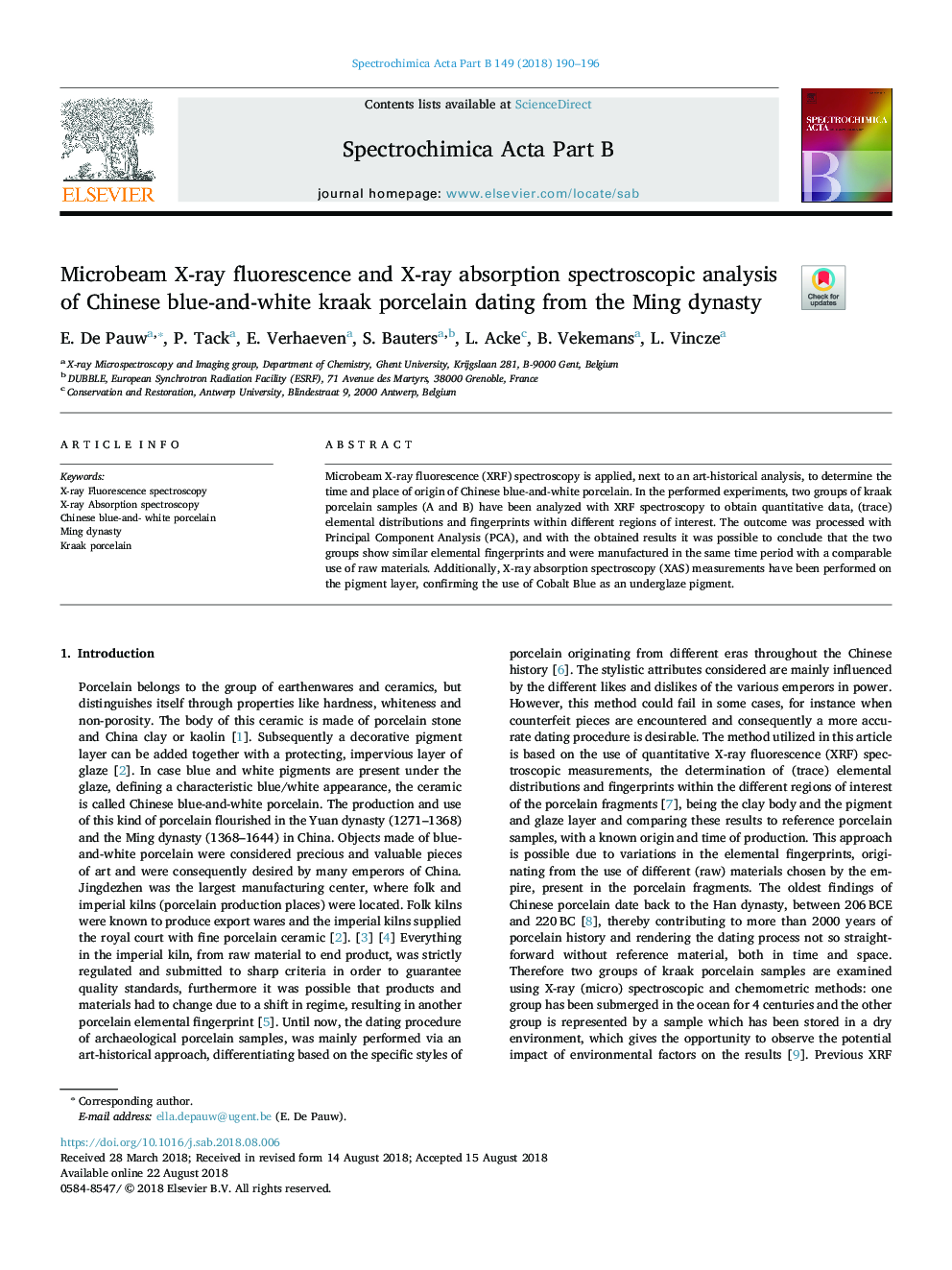 Microbeam X-ray fluorescence and X-ray absorption spectroscopic analysis of Chinese blue-and-white kraak porcelain dating from the Ming dynasty