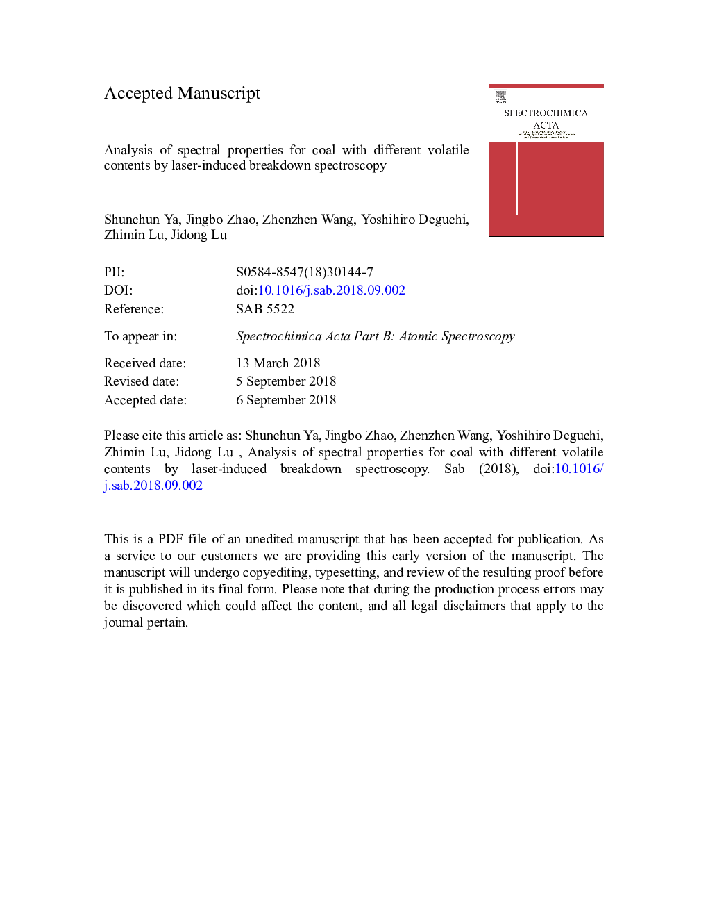 Analysis of spectral properties for coal with different volatile contents by laser-induced breakdown spectroscopy