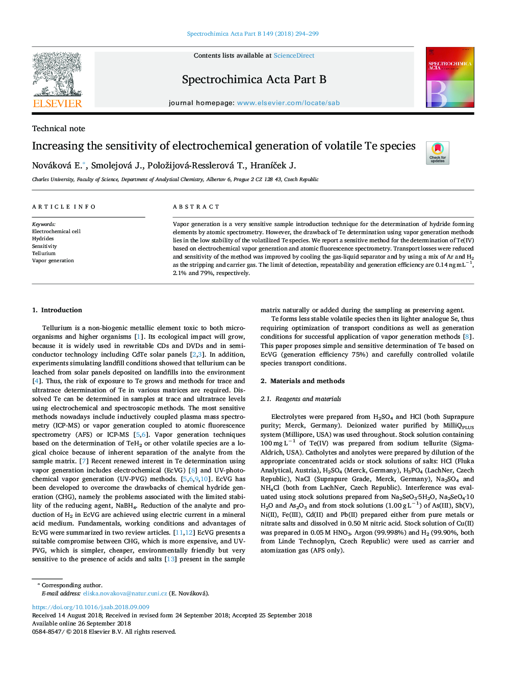 Increasing the sensitivity of electrochemical generation of volatile Te species