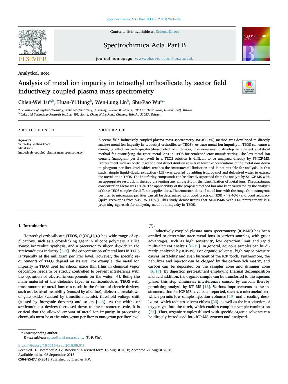 Analysis of metal ion impurity in tetraethyl orthosilicate by sector field inductively coupled plasma mass spectrometry