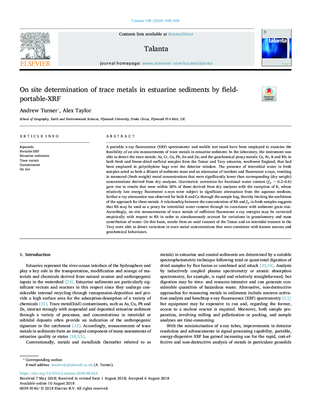 On site determination of trace metals in estuarine sediments by field-portable-XRF