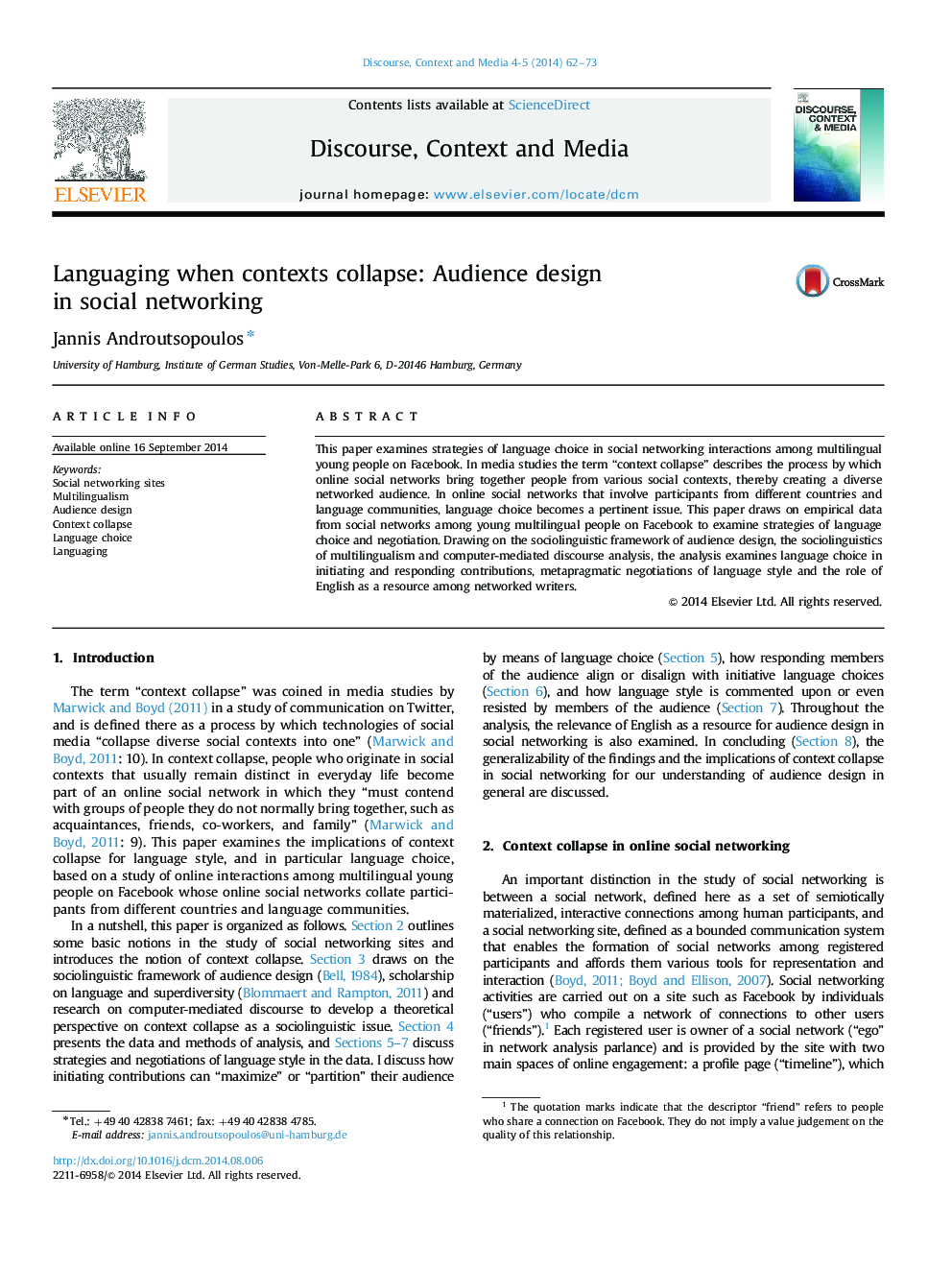 Languaging when contexts collapse: Audience design in social networking