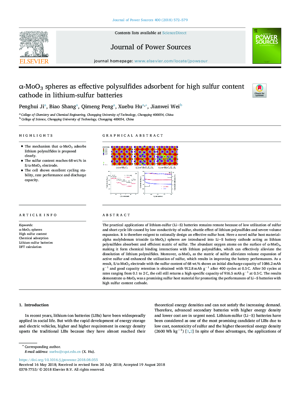 Î±-MoO3 spheres as effective polysulfides adsorbent for high sulfur content cathode in lithium-sulfur batteries