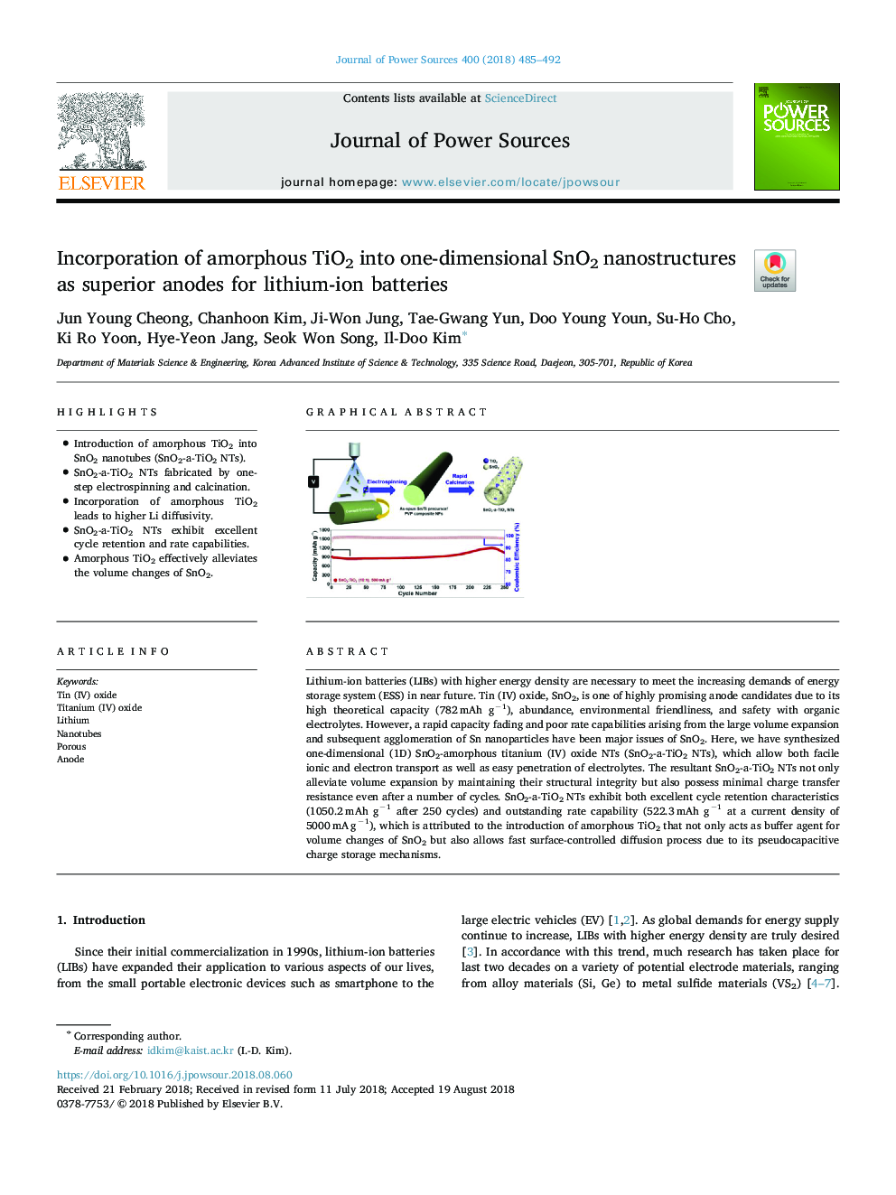 Incorporation of amorphous TiO2 into one-dimensional SnO2 nanostructures as superior anodes for lithium-ion batteries