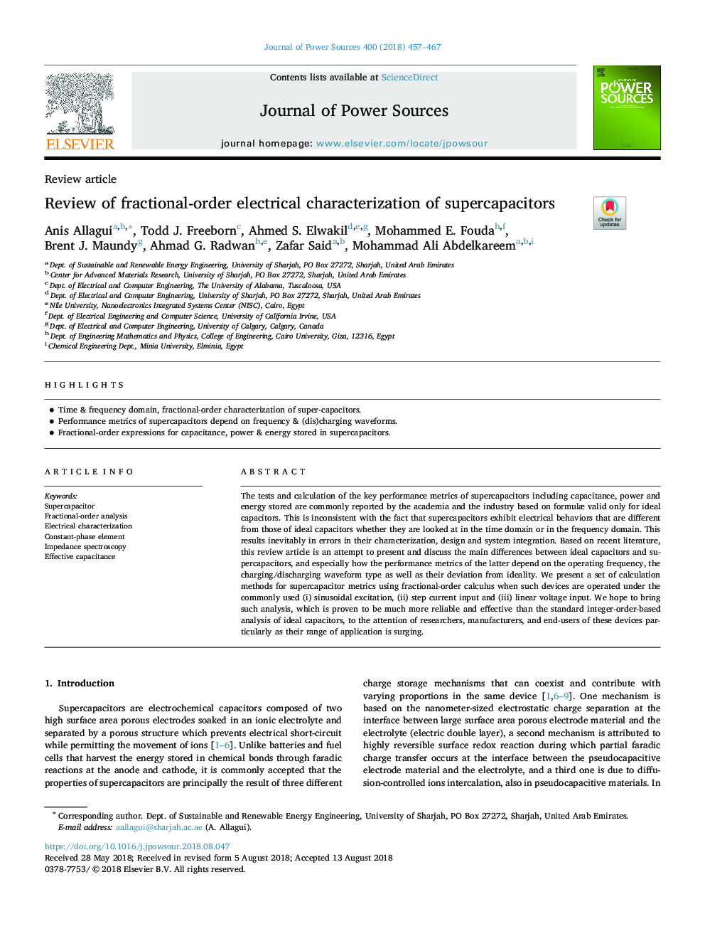 Review of fractional-order electrical characterization of supercapacitors