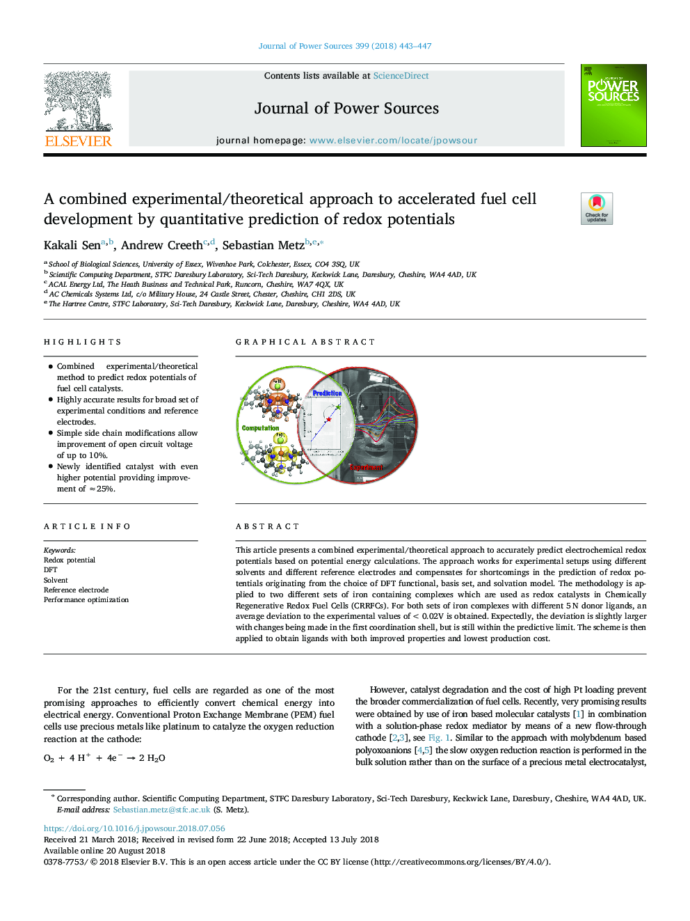 A combined experimental/theoretical approach to accelerated fuel cell development by quantitative prediction of redox potentials