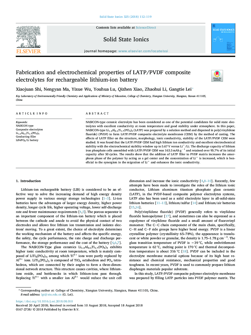 Fabrication and electrochemical properties of LATP/PVDF composite electrolytes for rechargeable lithium-ion battery