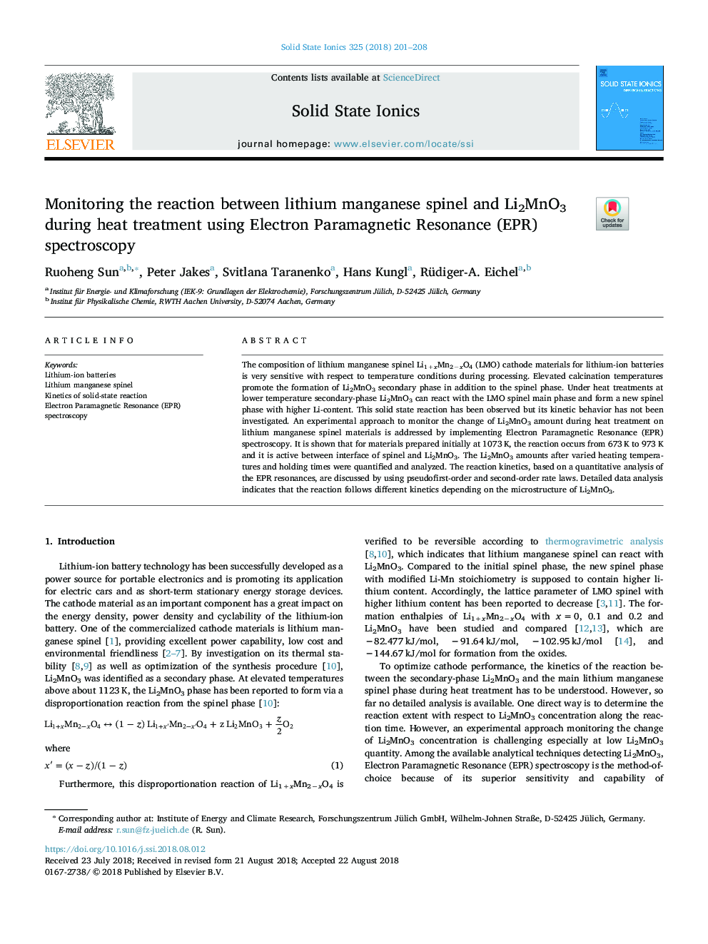 Monitoring the reaction between lithium manganese spinel and Li2MnO3 during heat treatment using Electron Paramagnetic Resonance (EPR) spectroscopy