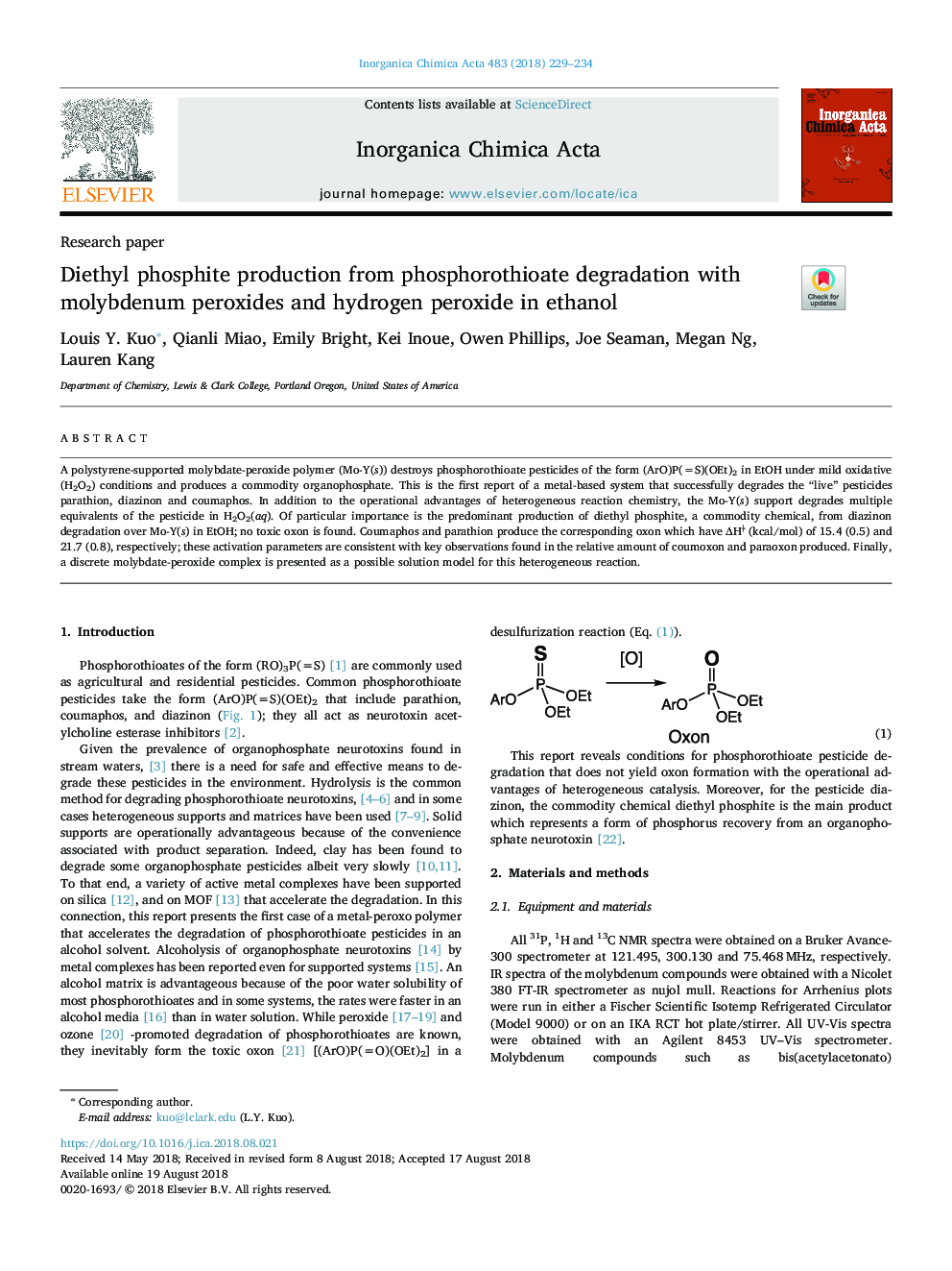 تولید دی اتیل فسفیت از تخریب فسفاتوتیو با پراکسید مولیبدن و پراکسید هیدروژن در اتانول