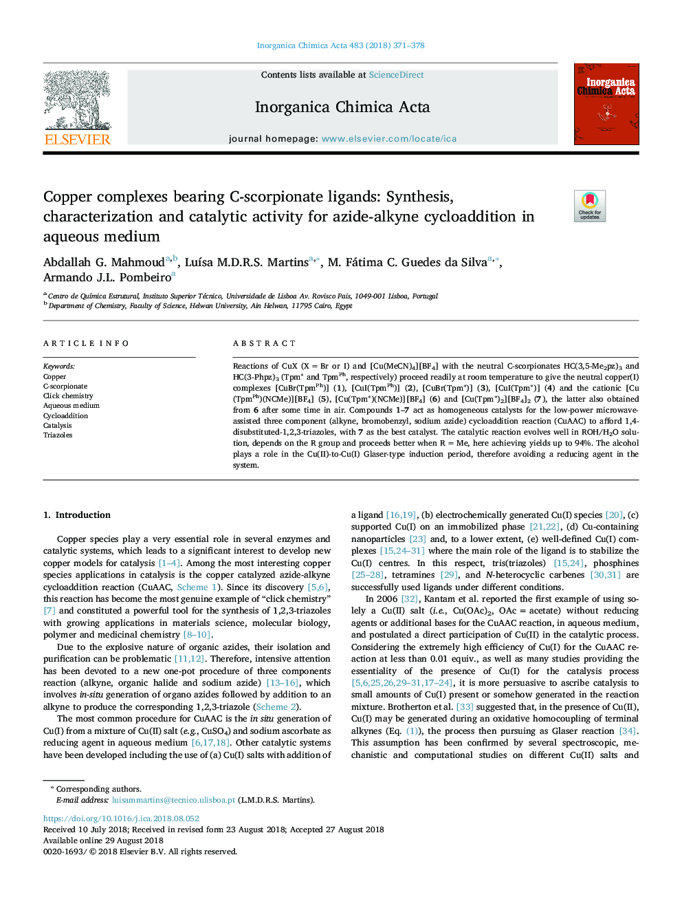 Copper complexes bearing C-scorpionate ligands: Synthesis, characterization and catalytic activity for azide-alkyne cycloaddition in aqueous medium