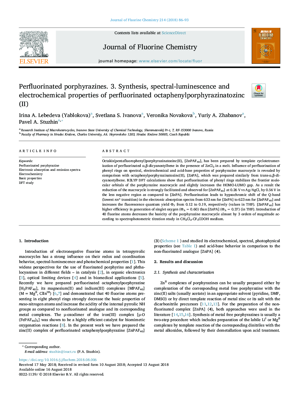 Perfluorinated porphyrazines. 3. Synthesis, spectral-luminescence and electrochemical properties of perfluorinated octaphenylporphyrazinatozinc(II)