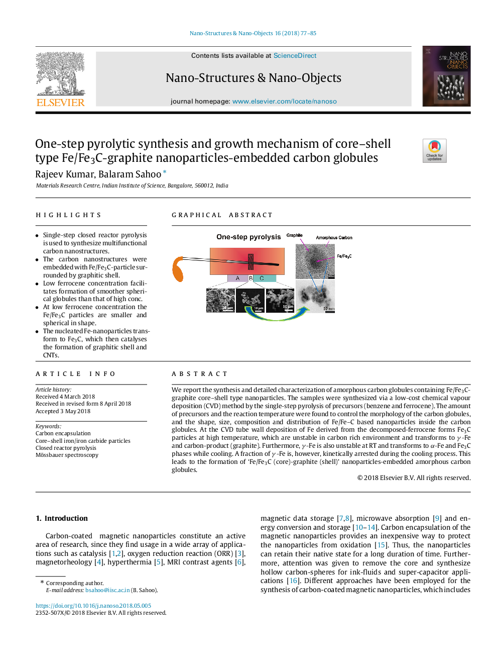 One-step pyrolytic synthesis and growth mechanism of core-shell type Fe/Fe3C-graphite nanoparticles-embedded carbon globules