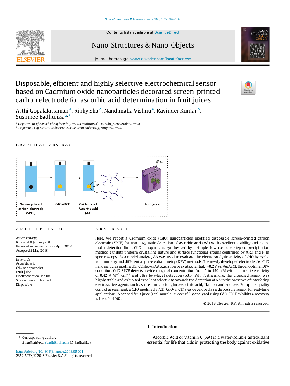 Disposable, efficient and highly selective electrochemical sensor based on Cadmium oxide nanoparticles decorated screen-printed carbon electrodeÂ for ascorbic acid determination in fruit juices