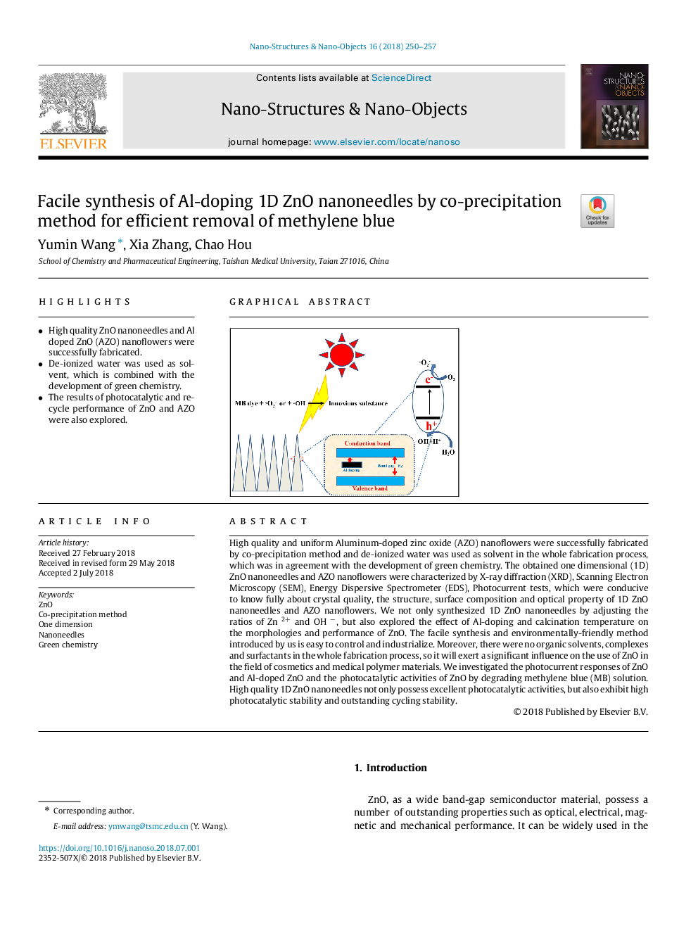 Facile synthesis of Al-doping 1D ZnO nanoneedles by co-precipitation method for efficient removal of methylene blue