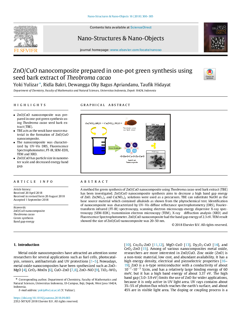 ZnO/CuO nanocomposite prepared in one-pot green synthesis using seed bark extract of Theobroma cacao