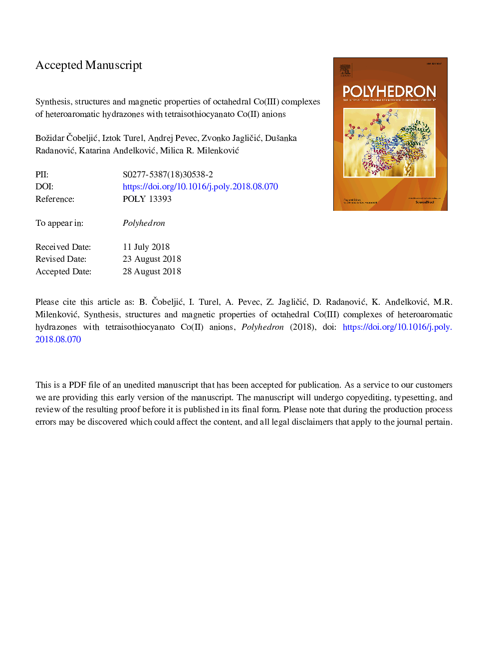 Synthesis, structures and magnetic properties of octahedral Co(III) complexes of heteroaromatic hydrazones with tetraisothiocyanato Co(II) anions