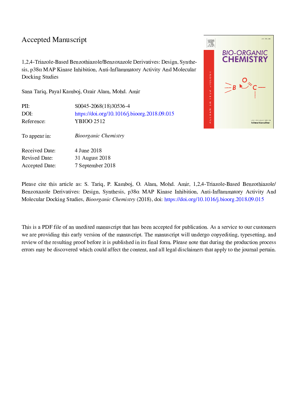 1,2,4-Triazole-based benzothiazole/benzoxazole derivatives: Design, synthesis, p38Î± MAP kinase inhibition, anti-inflammatory activity and molecular docking studies