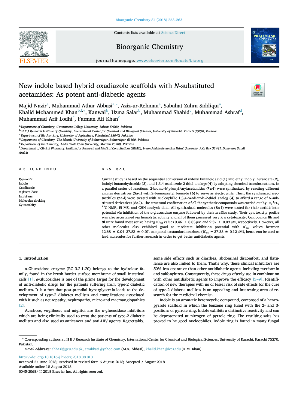 New indole based hybrid oxadiazole scaffolds with N-substituted acetamides: As potent anti-diabetic agents