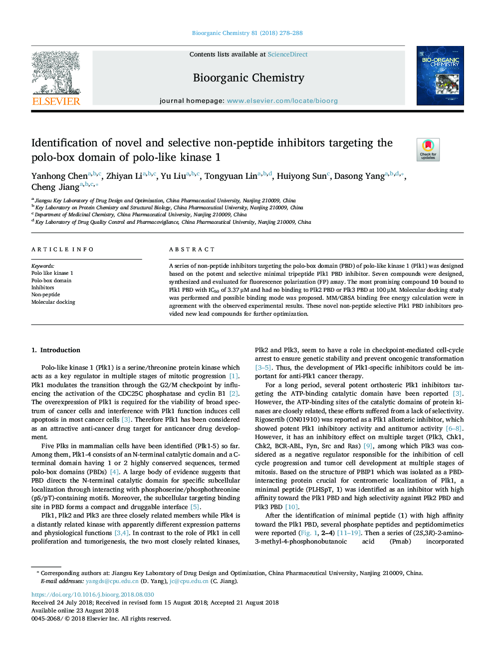 Identification of novel and selective non-peptide inhibitors targeting the polo-box domain of polo-like kinase 1