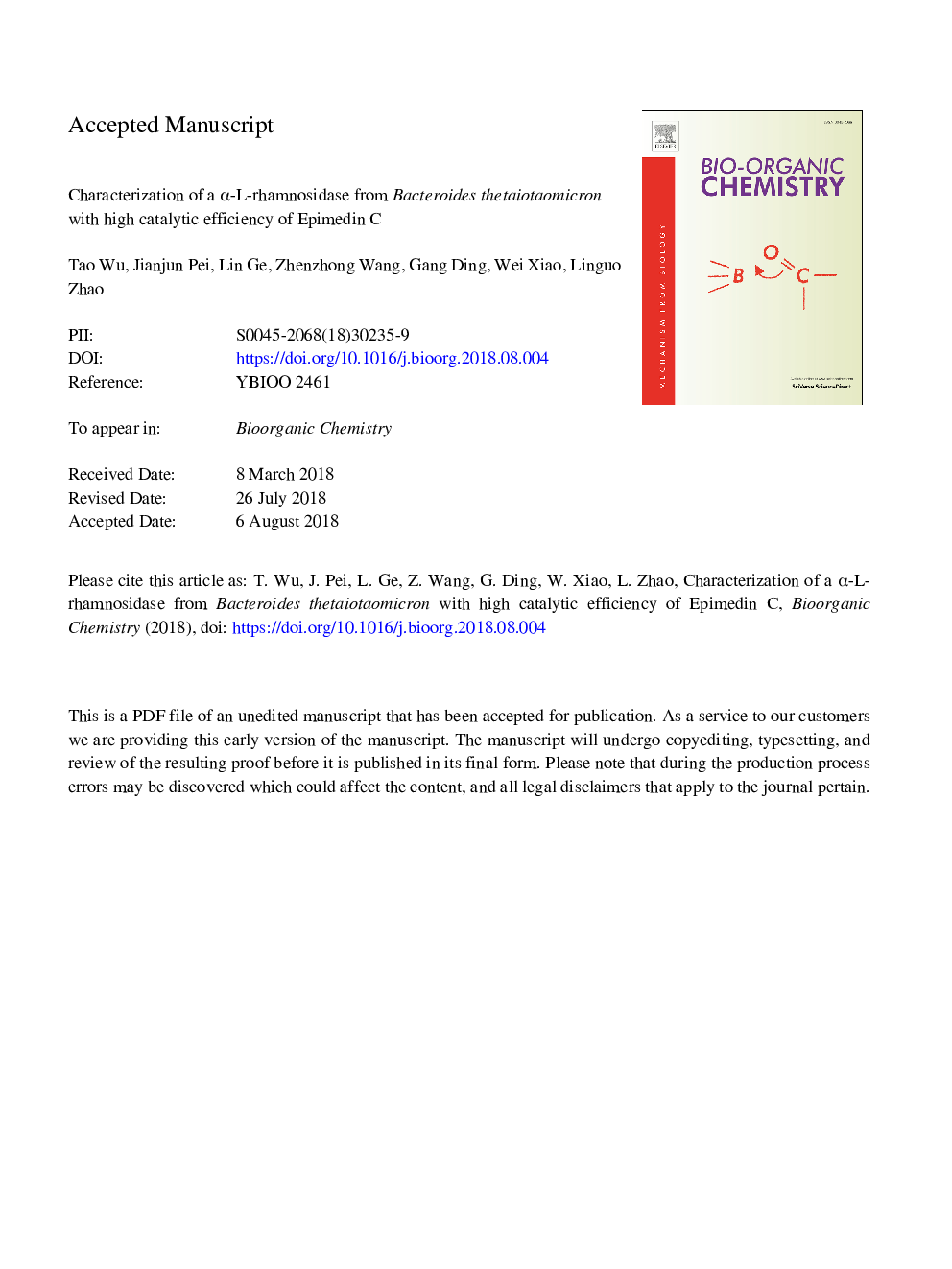 Characterization of a Î±-l-rhamnosidase from Bacteroides thetaiotaomicron with high catalytic efficiency of epimedin C