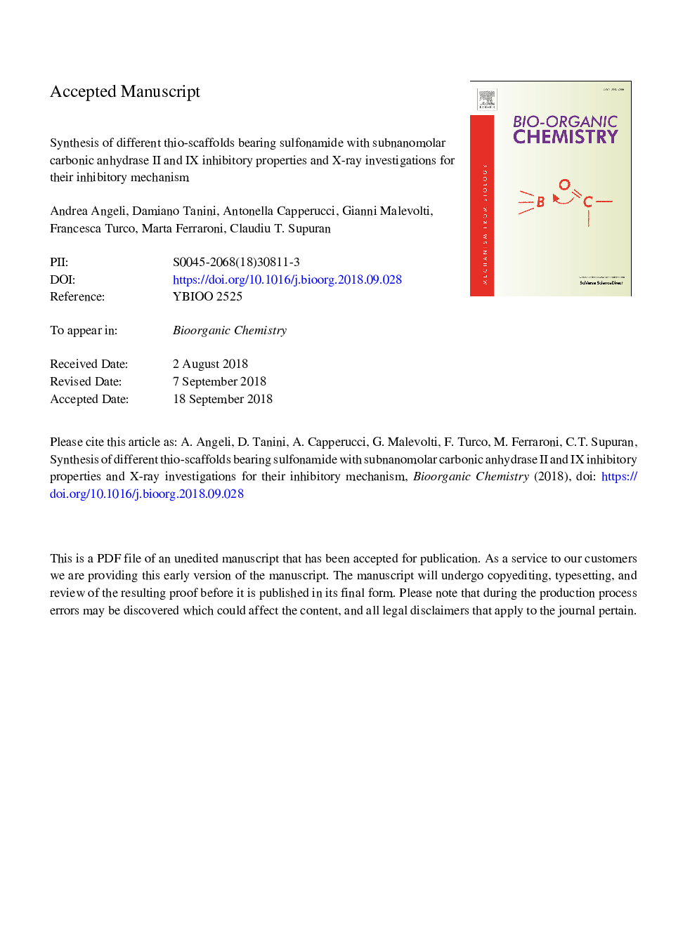 Synthesis of different thio-scaffolds bearing sulfonamide with subnanomolar carbonic anhydrase II and IX inhibitory properties and X-ray investigations for their inhibitory mechanism