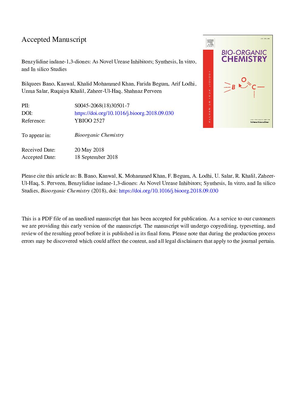 Benzylidine indane-1,3-diones: As novel urease inhibitors; synthesis, in vitro, and in silico studies