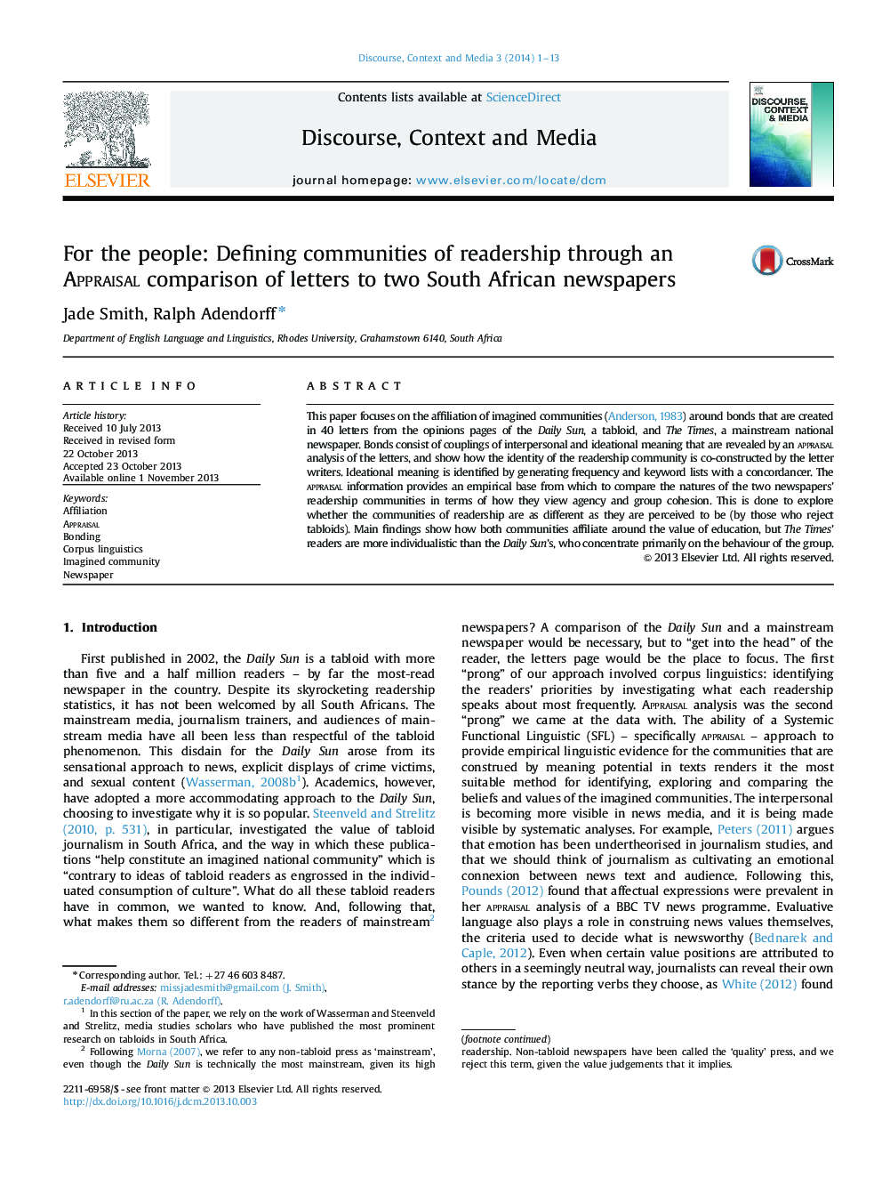 For the people: Defining communities of readership through an Appraisal comparison of letters to two South African newspapers