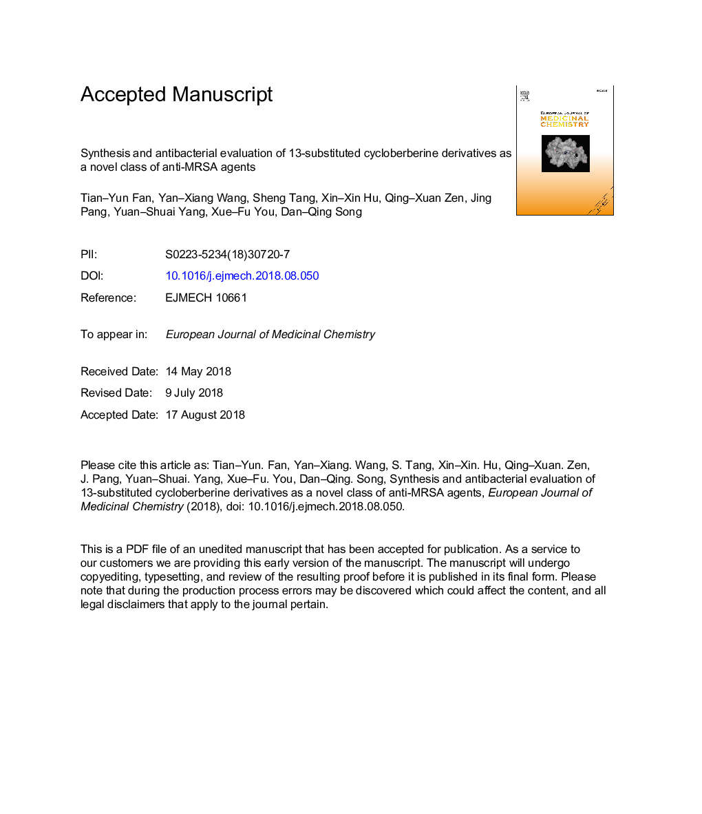 Synthesis and antibacterial evaluation of 13-substituted cycloberberine derivatives as a novel class of anti-MRSA agents