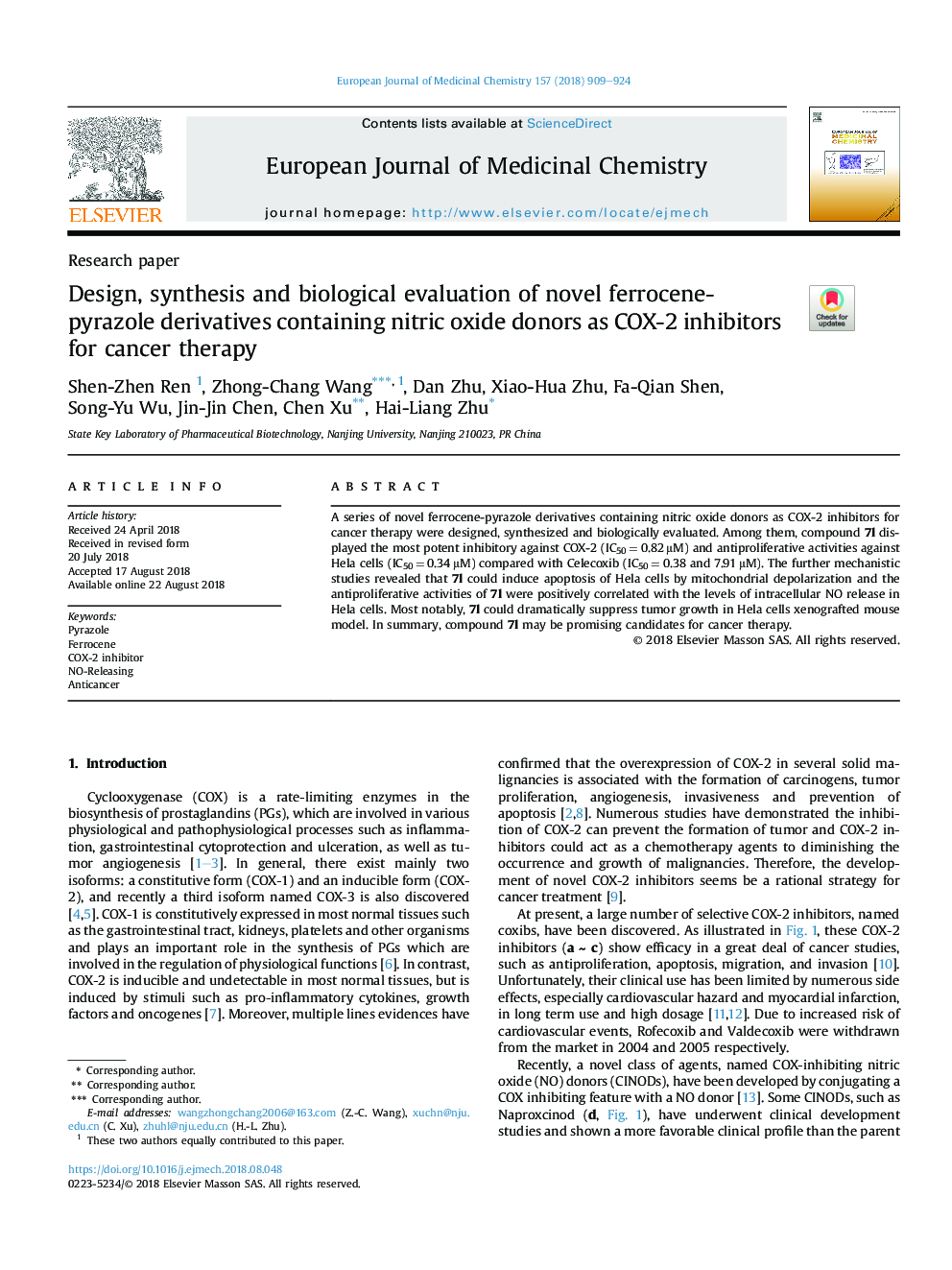 Design, synthesis and biological evaluation of novel ferrocene-pyrazole derivatives containing nitric oxide donors as COX-2 inhibitors for cancer therapy