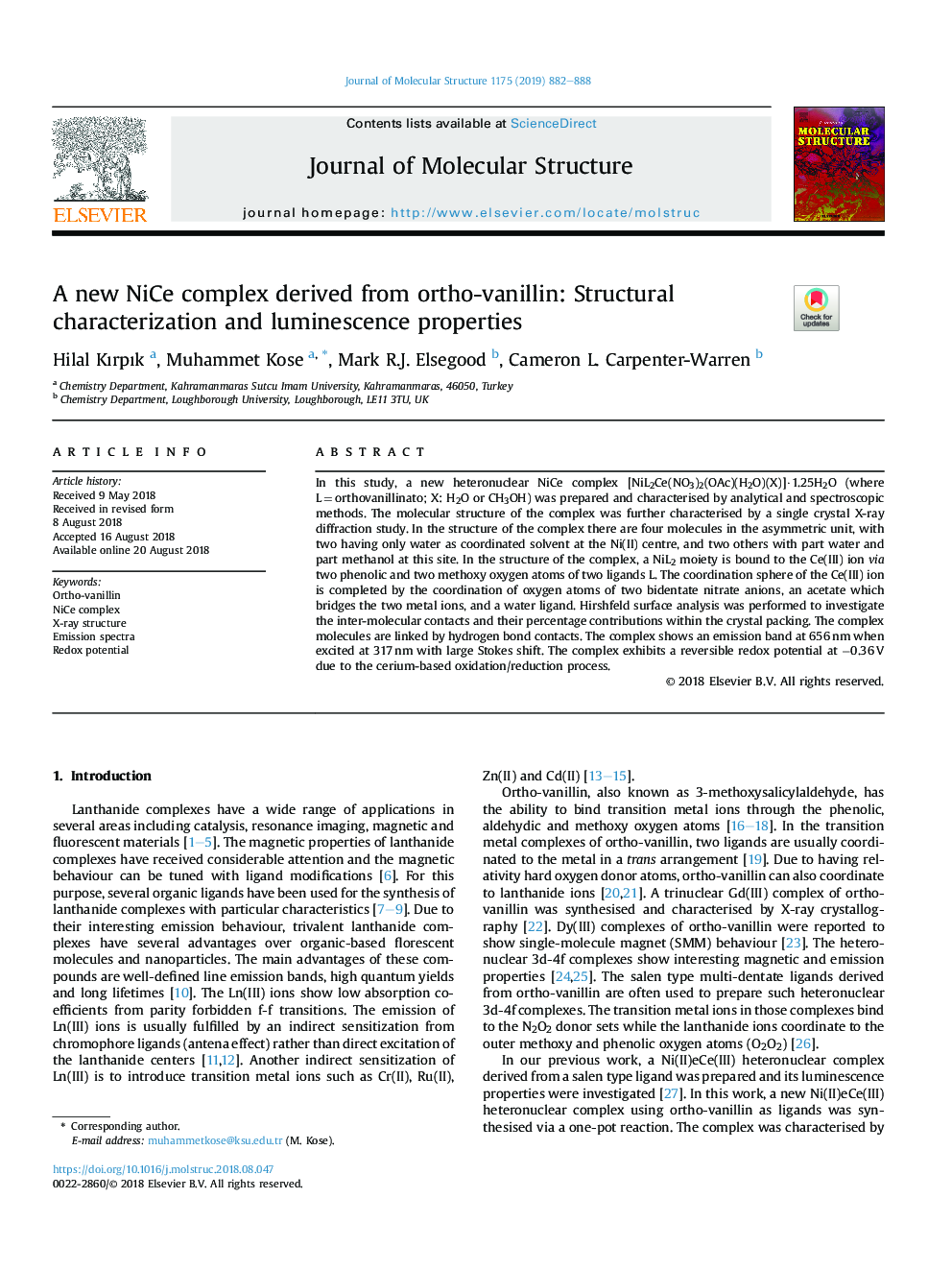 A new NiCe complex derived from ortho-vanillin: Structural characterization and luminescence properties