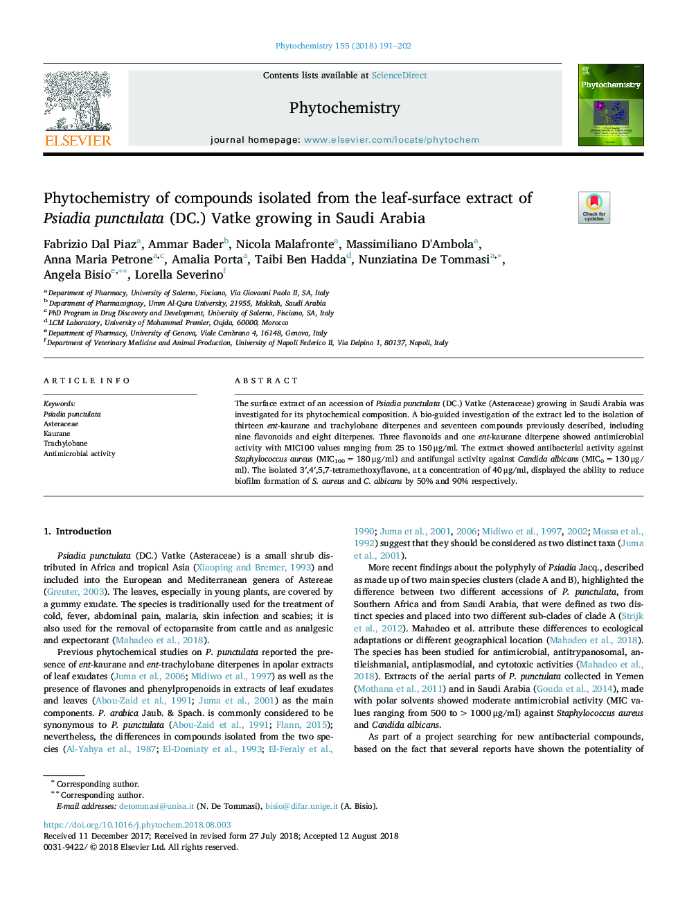 Phytochemistry of compounds isolated from the leaf-surface extract of Psiadia punctulata (DC.) Vatke growing in Saudi Arabia