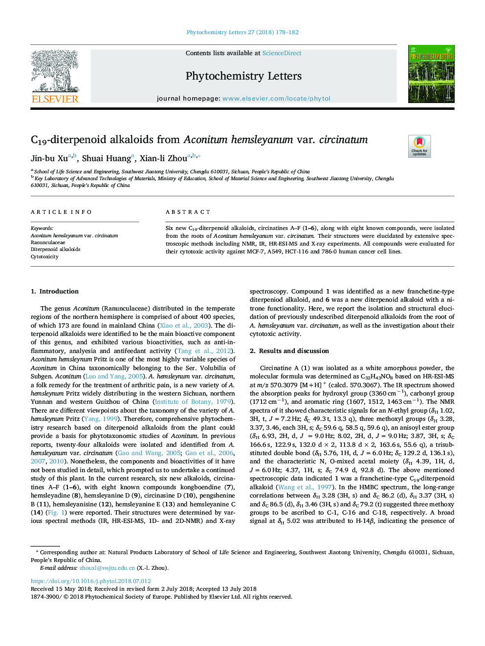 C19-diterpenoid alkaloids from Aconitum hemsleyanum var. circinatum