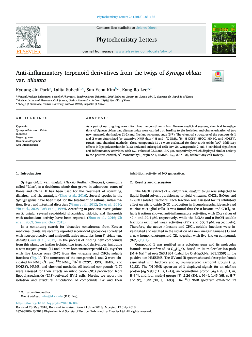 Anti-inflammatory terpenoid derivatives from the twigs of Syringa oblata var. dilatata