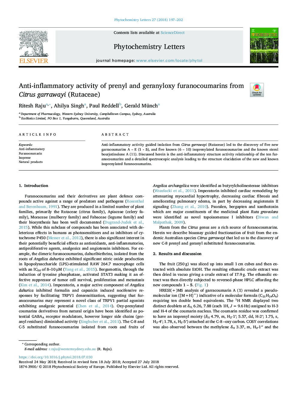 Anti-inflammatory activity of prenyl and geranyloxy furanocoumarins from Citrus garrawayi (Rutaceae)