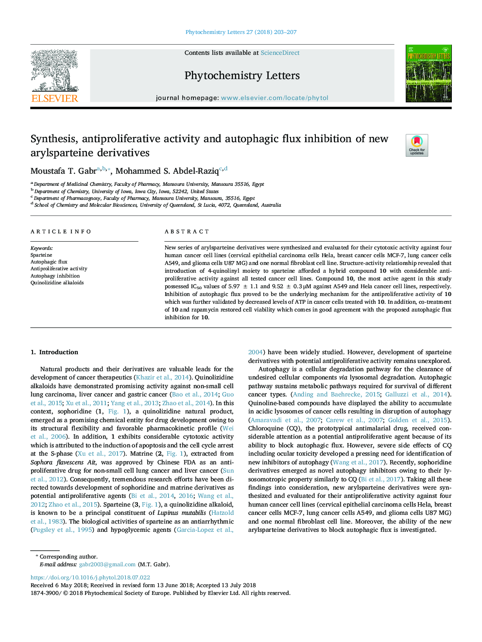 عکس صفحه اول مقاله: Synthesis, antiproliferative activity and autophagic flux inhibition of new arylsparteine derivatives Synthesis, antiproliferative activity and autophagic flux inhibition of new arylsparteine derivatives