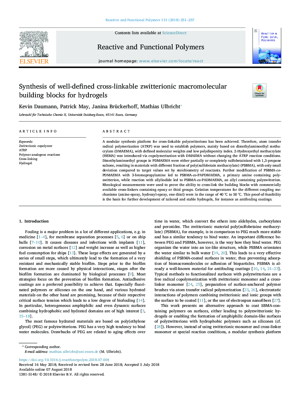 Synthesis of well-defined cross-linkable zwitterionic macromolecular building blocks for hydrogels