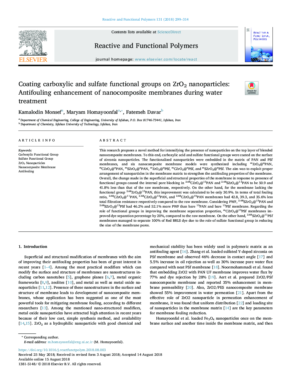 Coating carboxylic and sulfate functional groups on ZrO2 nanoparticles: Antifouling enhancement of nanocomposite membranes during water treatment