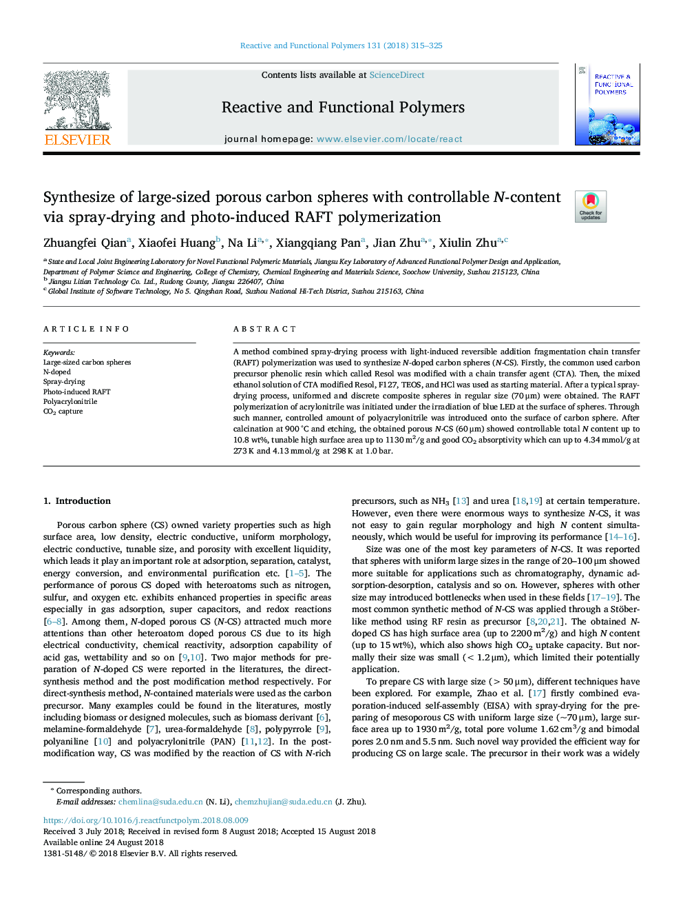 Synthesize of large-sized porous carbon spheres with controllable N-content via spray-drying and photo-induced RAFT polymerization