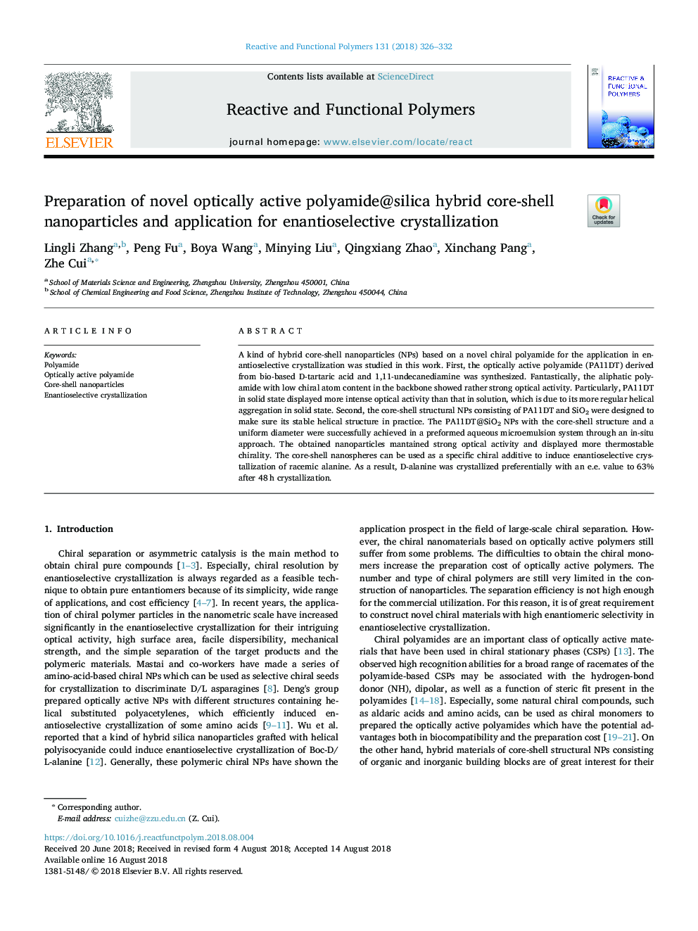 Preparation of novel optically active polyamide@silica hybrid core-shell nanoparticles and application for enantioselective crystallization