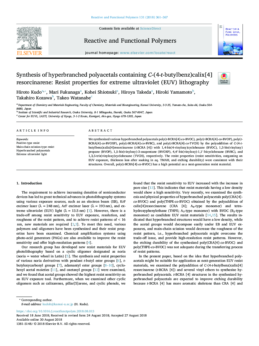 Synthesis of hyperbranched polyacetals containing C-(4-t-butylbenz)calix[4]resorcinarene: Resist properties for extreme ultraviolet (EUV) lithography