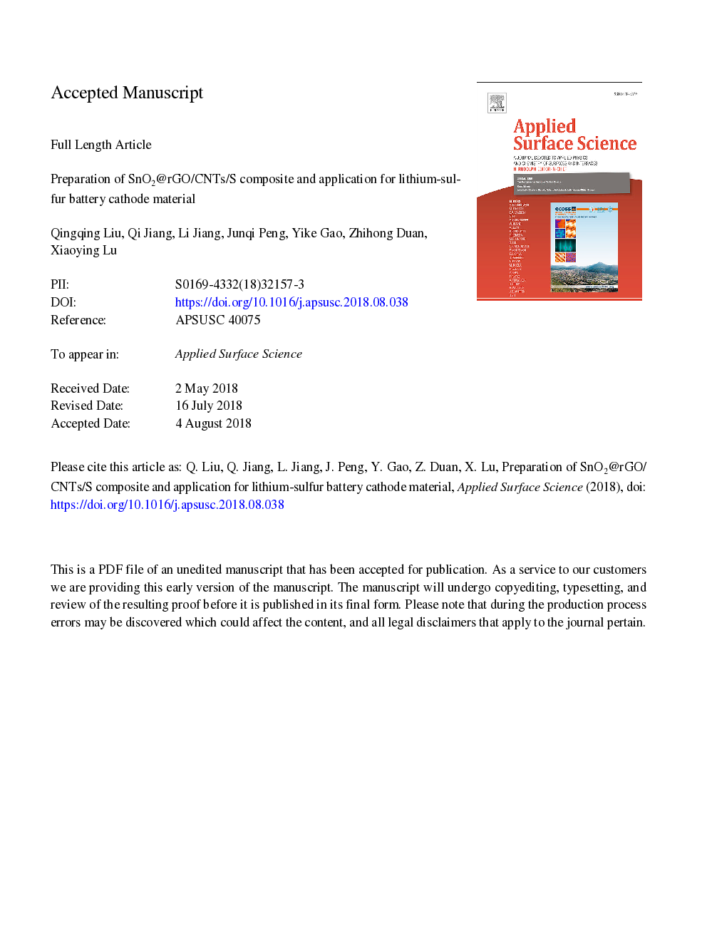 Preparation of SnO2@rGO/CNTs/S composite and application for lithium-sulfur battery cathode material