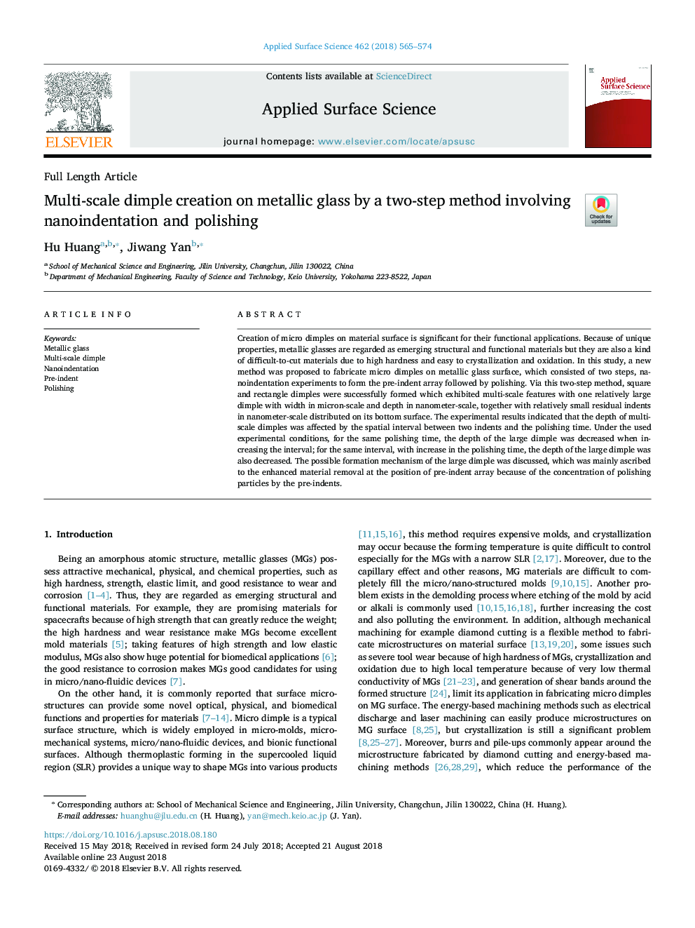 Multi-scale dimple creation on metallic glass by a two-step method involving nanoindentation and polishing