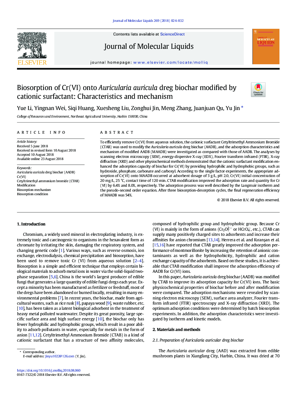 Biosorption of Cr(VI) onto Auricularia auricula dreg biochar modified by cationic surfactant: Characteristics and mechanism